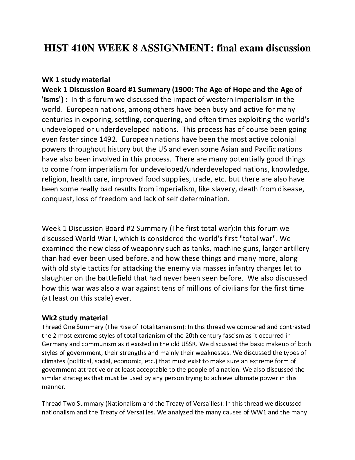 Preview image for HIST 410N WEEK 8 ASSIGNMENT: final exam discussion Completed for 2022/2023